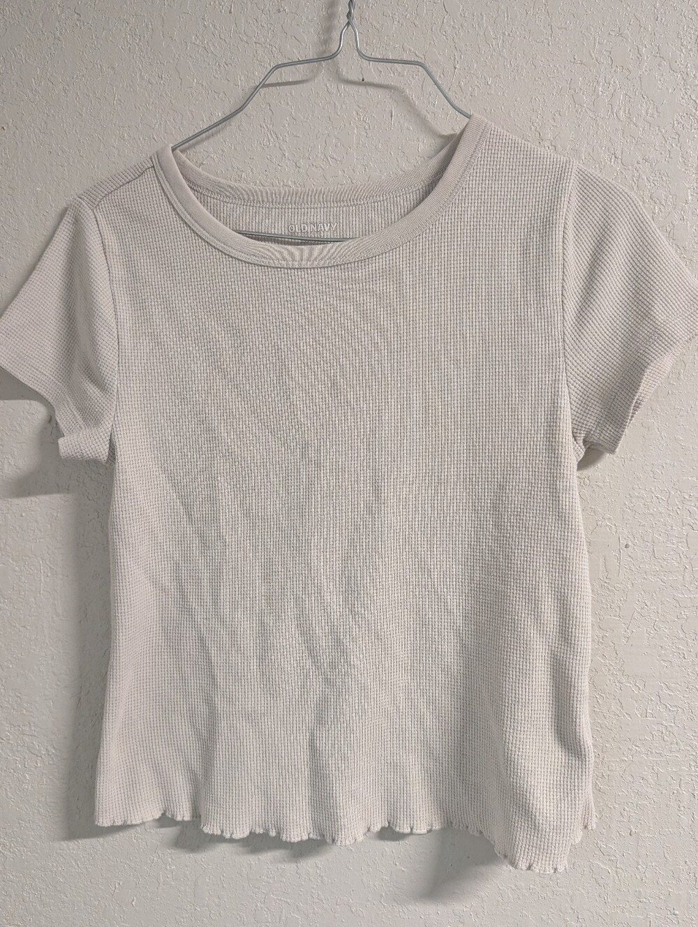 Old Navy Waffle-Knit Short Sleeve Top Scalloped Hem S Beige Basic Boho Cottage